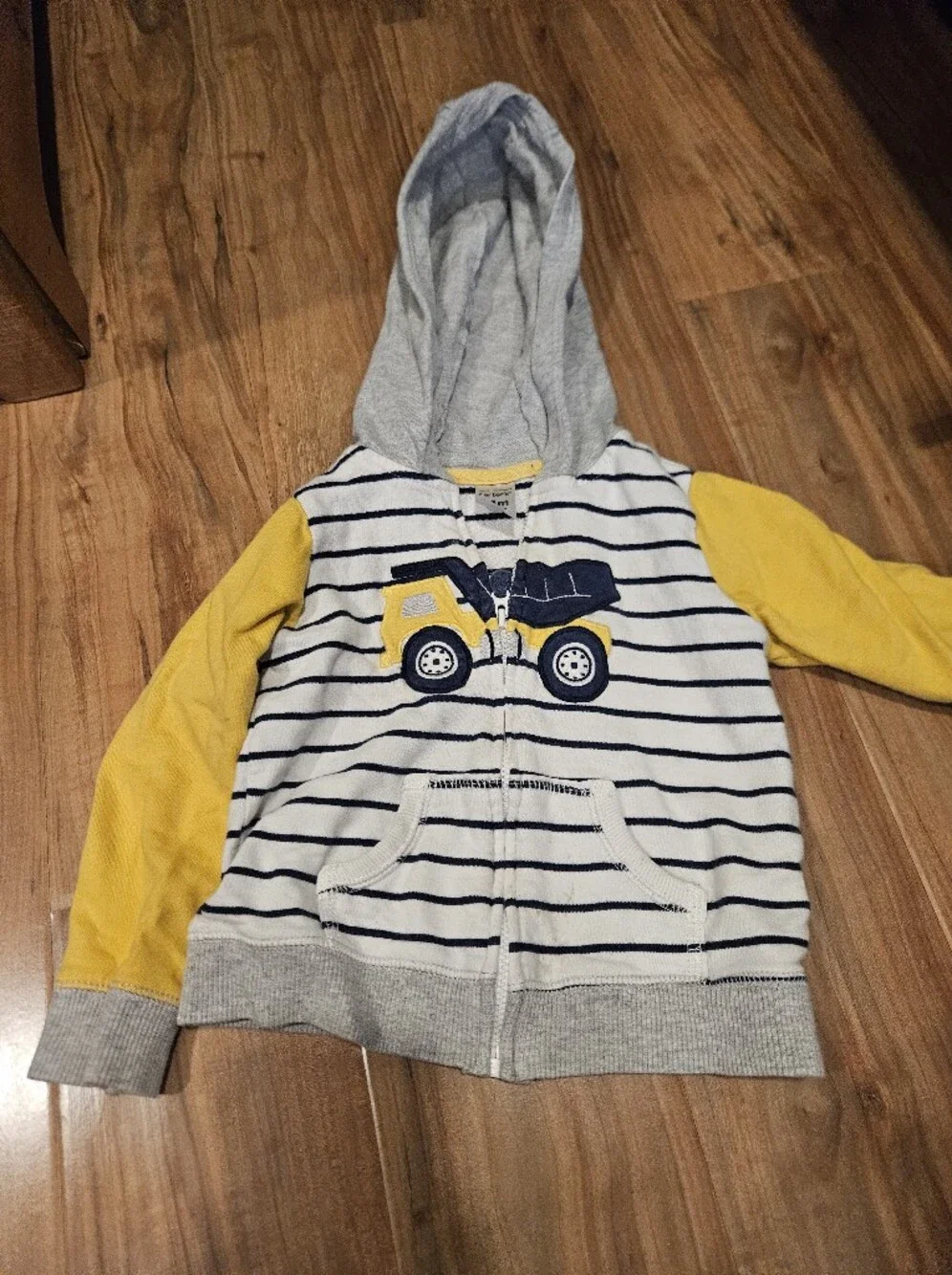 Carter's Navy Striped Hooded Zip Sweatshirt with Yellow Sleeves 24m